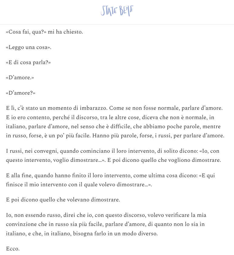 Immagine di una pagina di testo con la scritta 'STATE BENE', che discute di emozioni e amore in un contesto culturale.