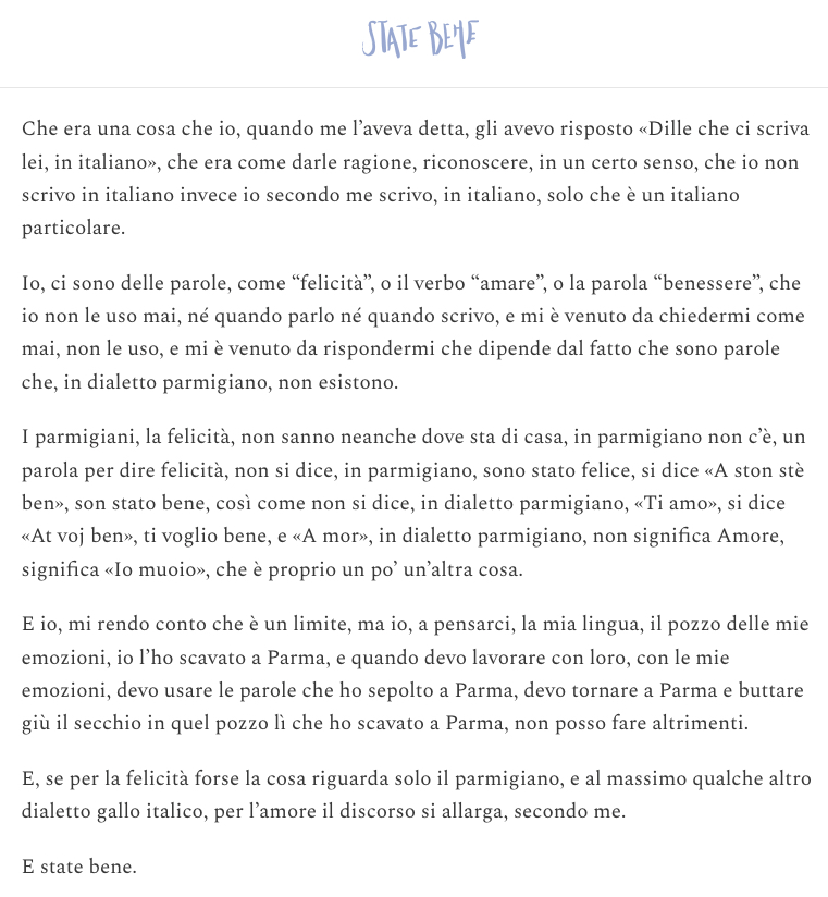 Un'immagine di un testo su uno schermo con caratteri ben leggibili che discute emozioni e linguaggio nella narrativa di Paolo Nori.