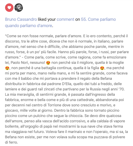 A comment section on Substack where a user discusses themes of love and normalcy in conversation, referencing Paolo Nori and personal anecdotes.