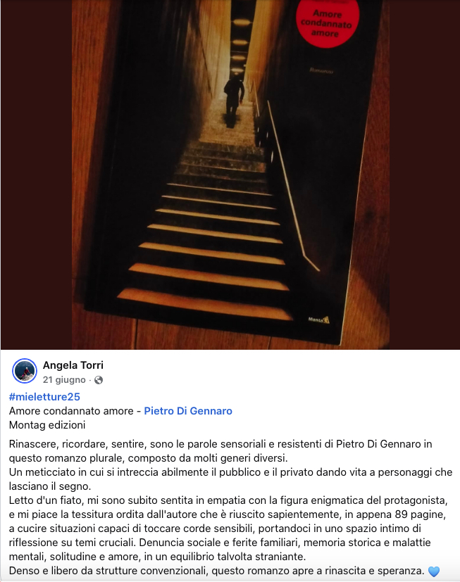 Copertina del libro 'Amore condannato amore' di Pietro Di Gennaro, che mostra una scala in penombra con una figura che scende.