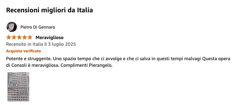 Recensione del romanzo 'Salvarsi la vita' di Pierangelo Consoli, con una valutazione di cinque stelle, evidenziando la sua potenza e capacità di coinvolgere il lettore.