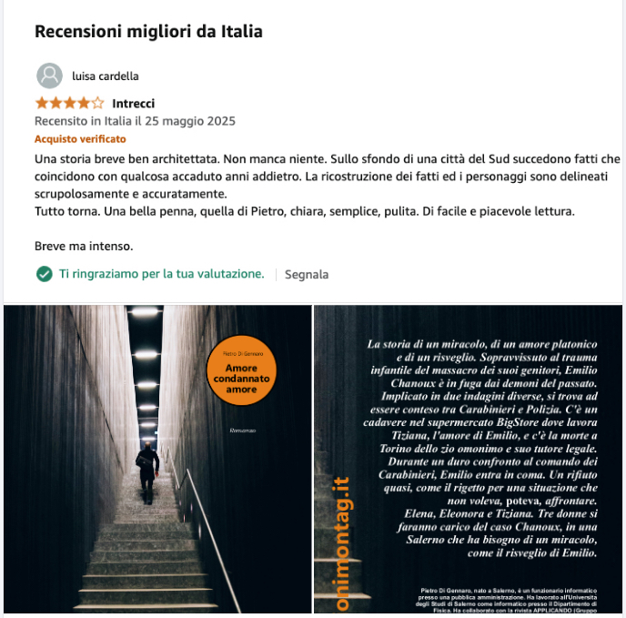 Immagine di una recensione di un libro su uno sfondo scuro, con un uomo che cammina in un corridoio illuminato e il titolo 'Amore condannato amore' evidenziato.