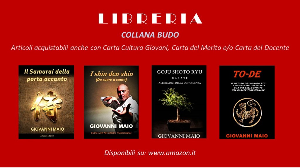Copertina della collana Budo di Giovanni Maio, che promuove vari articoli essenziali sulla cultura giapponese e arte marziale.