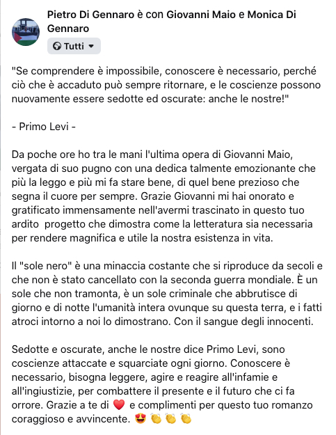 Un post su Facebook di Pietro Di Gennaro dedicato all'opera di Giovanni Maio, che discute la sua importanza e il valore narrativo, includendo citazioni di Primo Levi.
