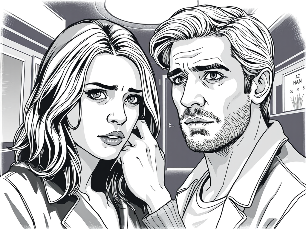 Un uomo e una donna con espressioni preoccupate, in un ambiente interno con dettagli architettonici in bianco e nero, che suggeriscono tensione.