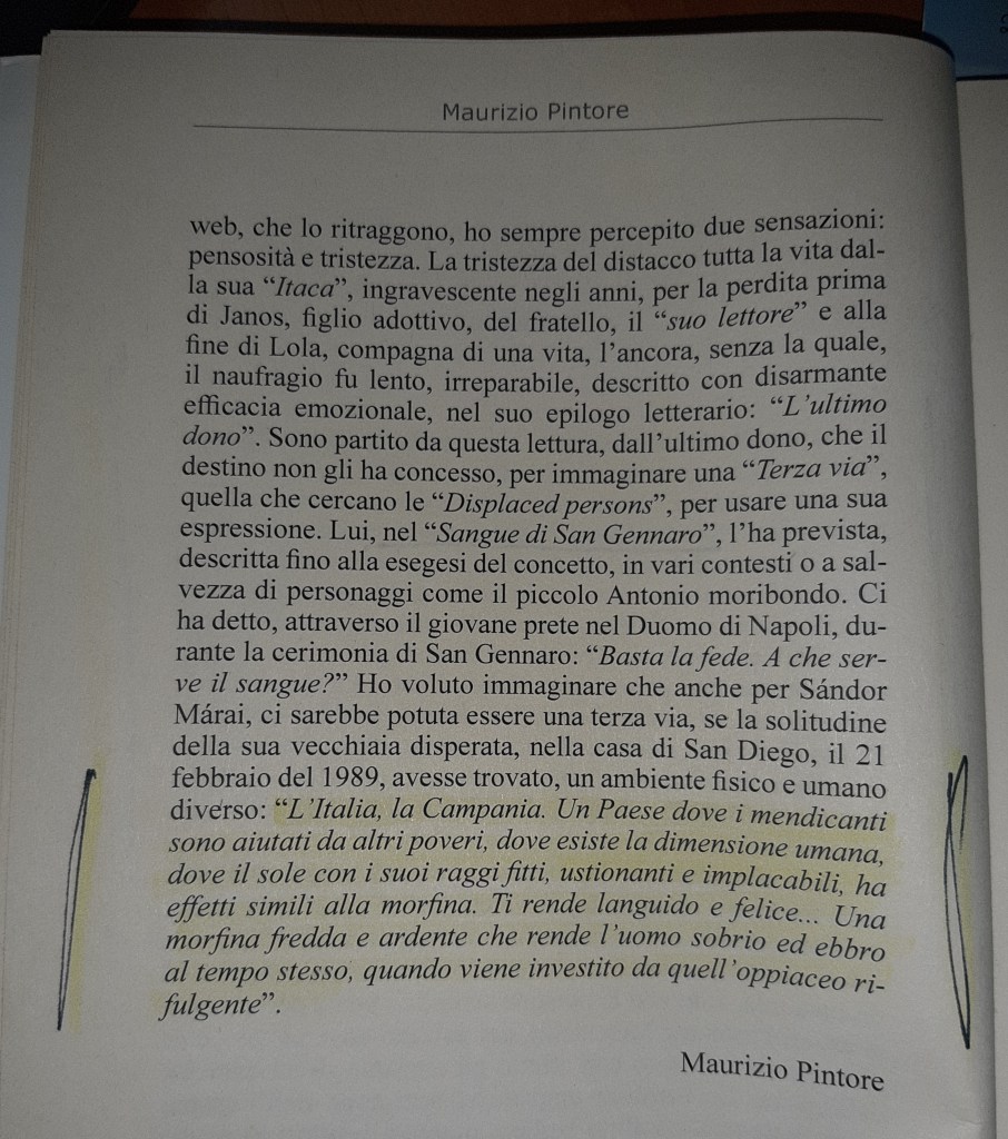 Pagina di un libro di Maurizio Pintore con testi scritti in italiano, riguardanti la storia e sentimenti complessi legati alla memoria e all'umanità.