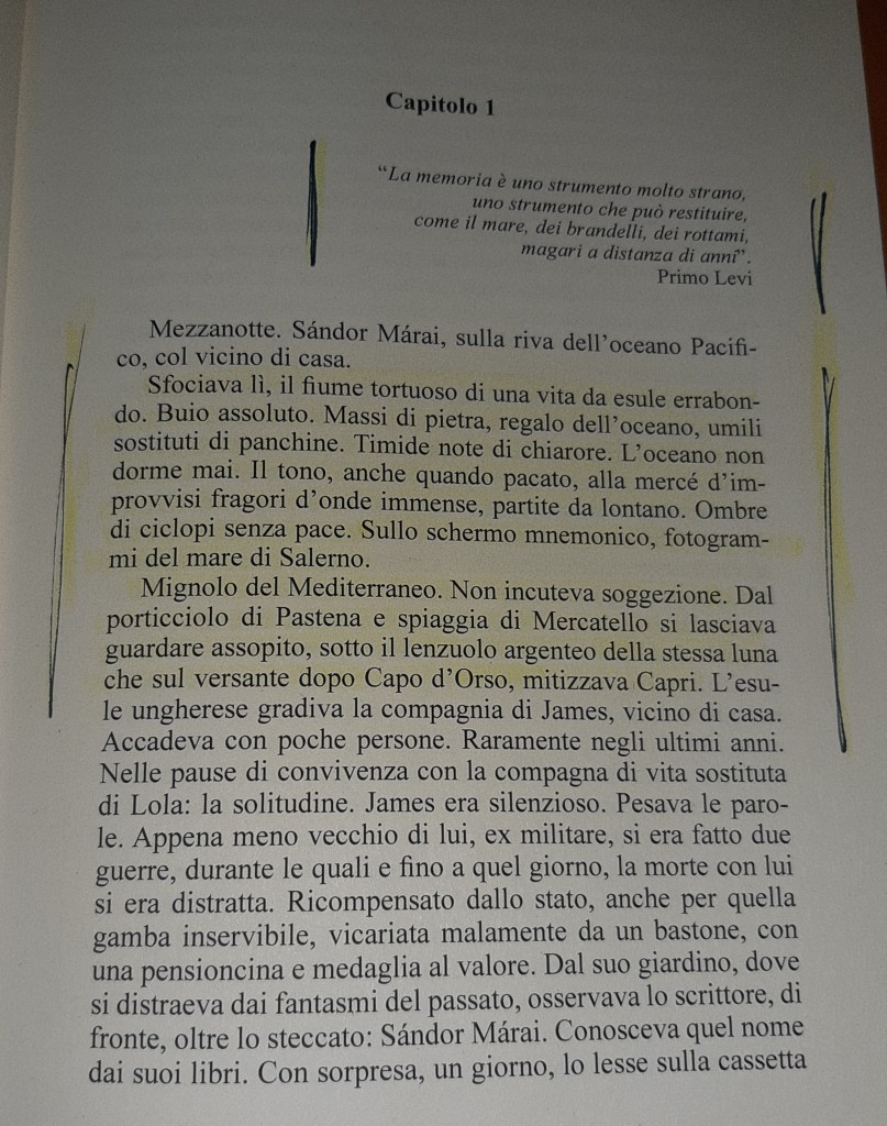 Un'immagine di una pagina di un libro che presenta l'inizio di un capitolo dedicato a Sándor Márai, con citazioni e testo visibile.
