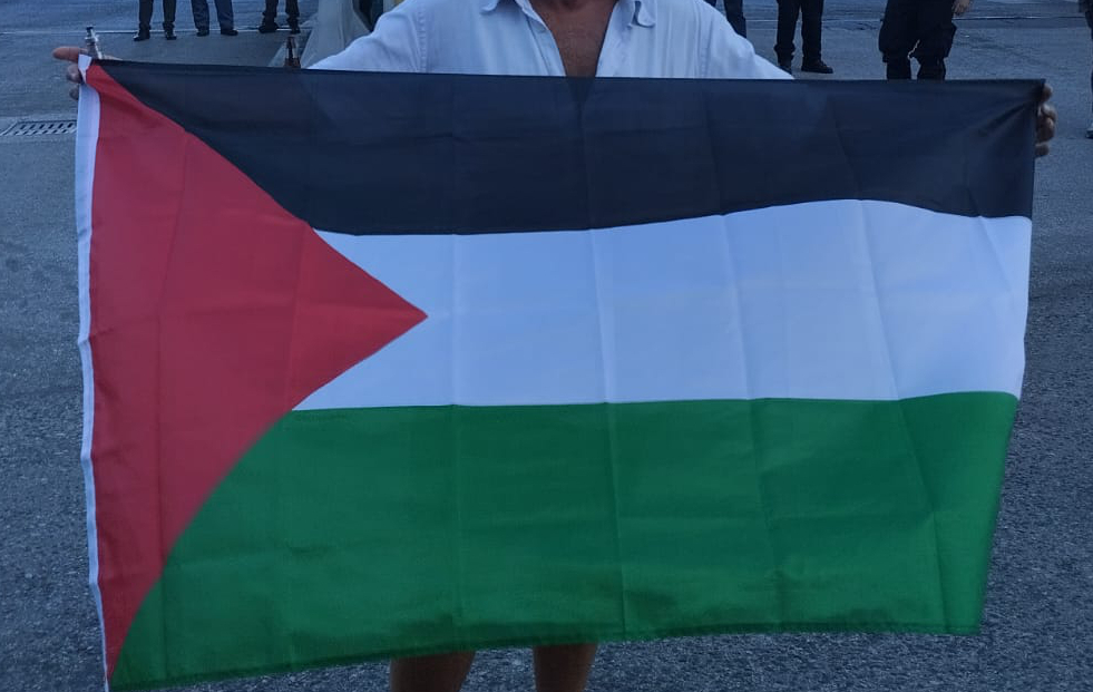 A person holding a Palestinian flag outdoors.