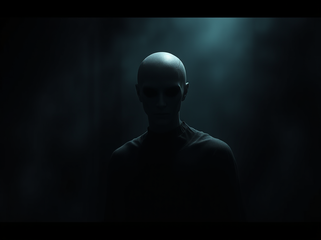 Un'entità misteriosa con la pelle chiara, priva di capelli, si staglia contro uno sfondo scuro e nebuloso, creando un'atmosfera inquietante.