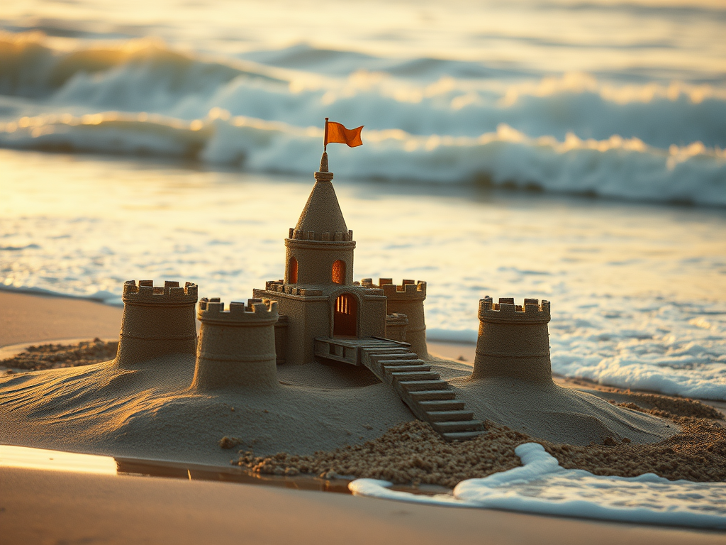 Castello di sabbia costruito sulla spiaggia, con un ponte levatoio e una bandiera rossa, circondato da onde del mare al tramonto.