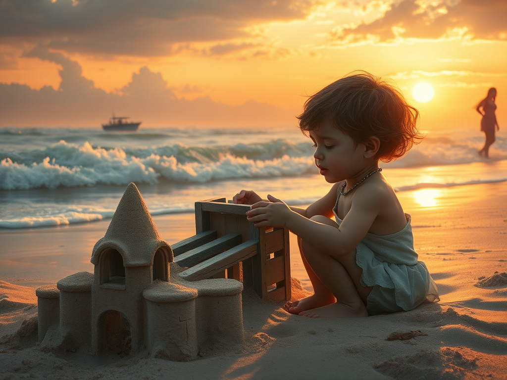 Un bambino gioca con un castello di sabbia sulla spiaggia al tramonto, costruendo un ponte levatoio, mentre le onde si infrangono e una barca naviga in lontananza.