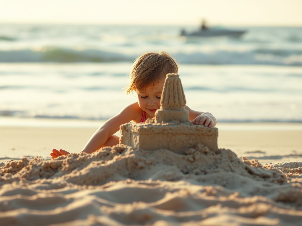 Bambino che gioca sulla spiaggia mentre costruisce un castello di sabbia con il mare sullo sfondo.