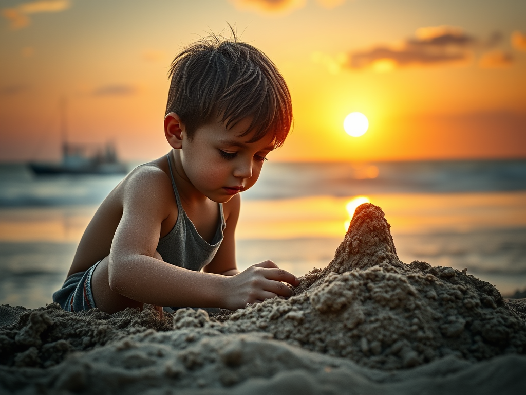 Un bambino che gioca sulla spiaggia al tramonto, mentre costruisce una torre di sabbia, con il mare e una barca sullo sfondo.