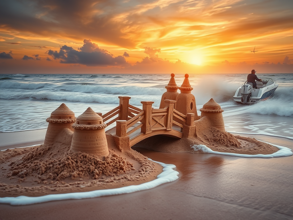 Castello di sabbia costruito sulla spiaggia al tramonto, con un ponticello di legno e un motoscafo che naviga nell'acqua all'orizzonte.