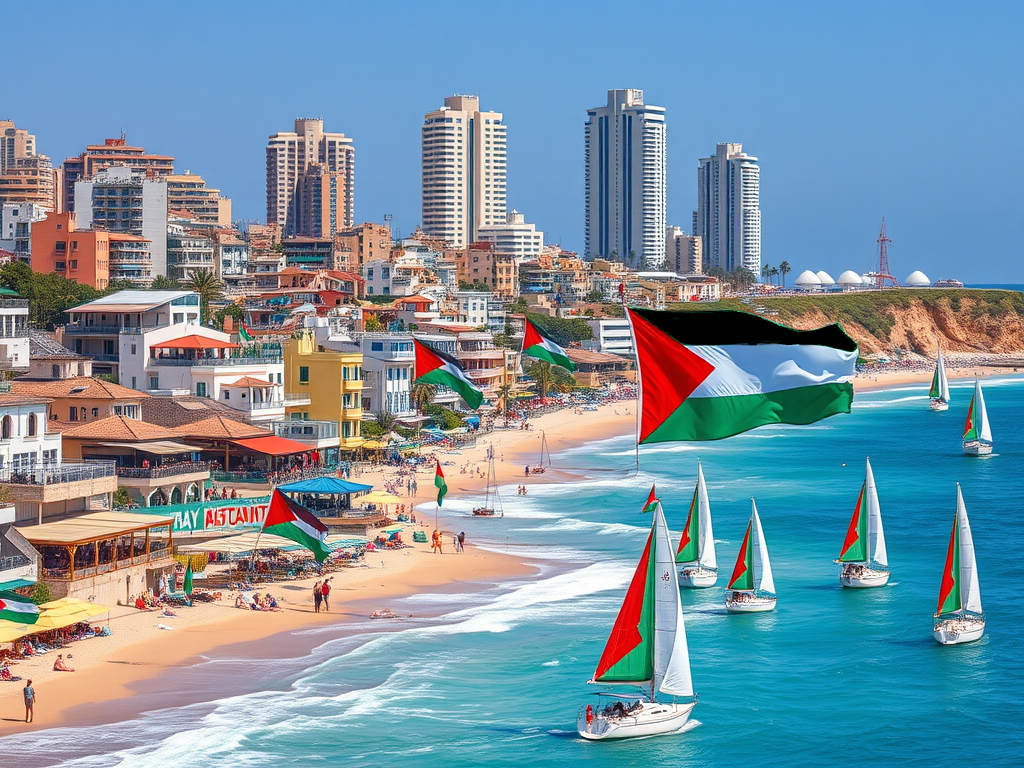 Una vista panoramica di una spiaggia affollata con edifici moderni sullo sfondo, bandiere palestinesi sventolano e barche a vela solcano le acque del mare.