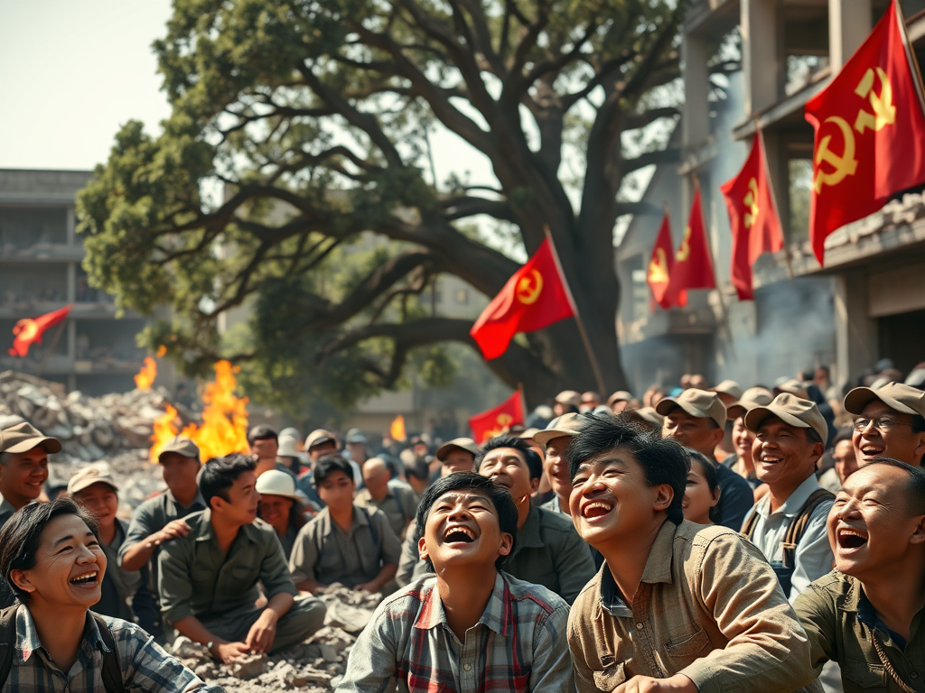 Gruppo di persone sorridenti riunite in un ambiente all'aperto, con bandiere rosse e simboli comunisti, che sembrano celebrare un momento di gioia in mezzo ai resti di un edificio danneggiato.