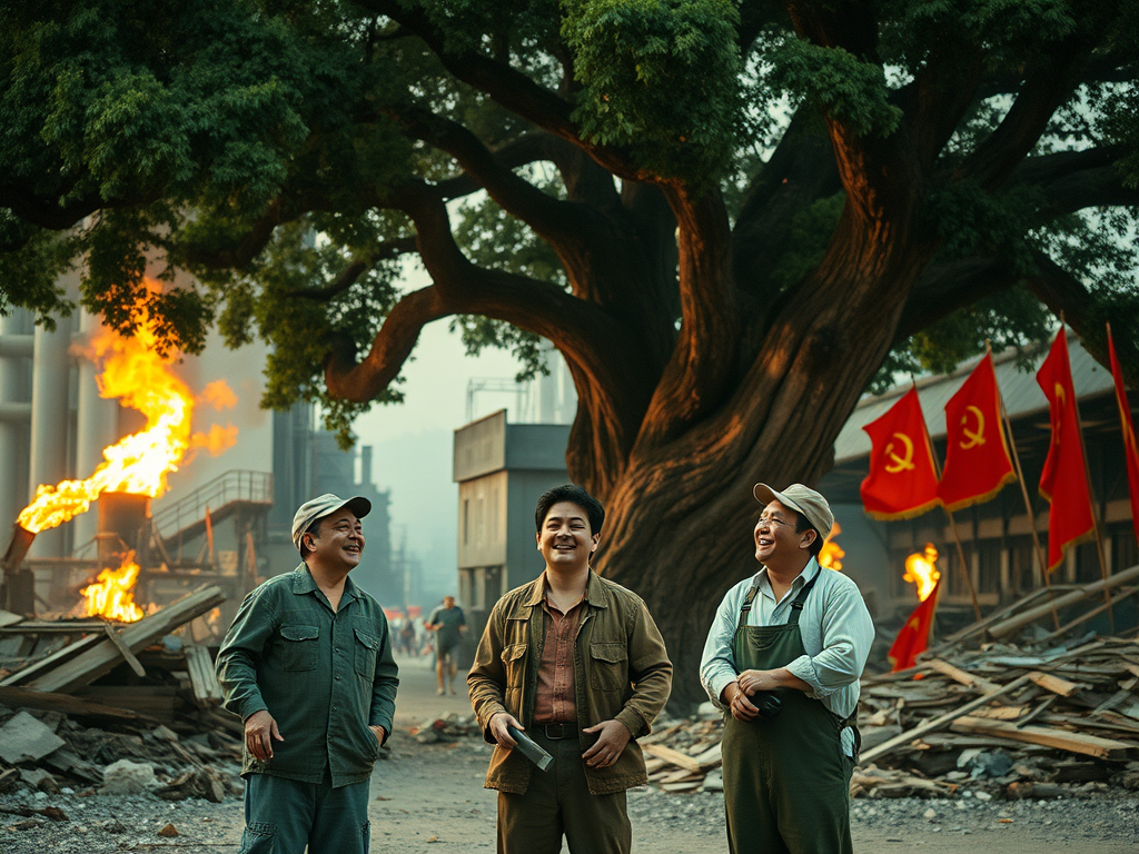 Tre uomini sorridono davanti a un grande albero, con bandiere rosse sullo sfondo e fiamme che si alzano da un'area industriale in rovina.