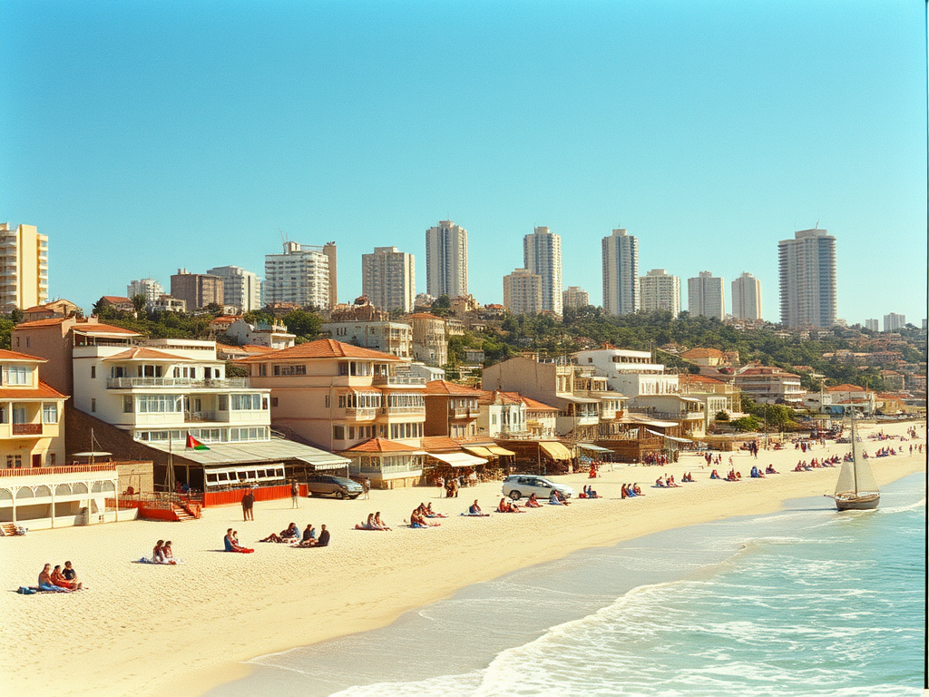Panorama di una spiaggia affollata con palazzi sullo sfondo, persone che si godono il sole sulla sabbia e un'auto parcheggiata vicino all'acqua.