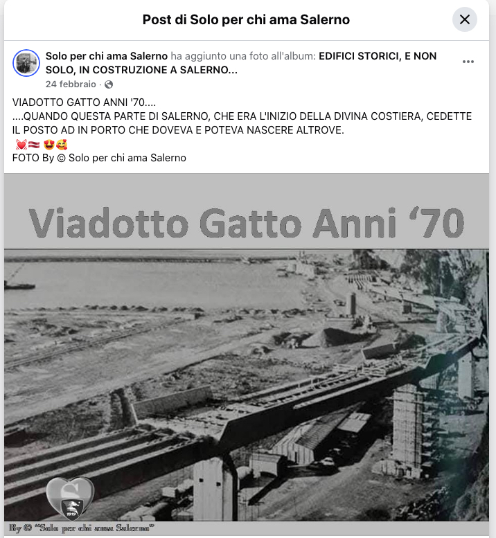 Immagine storica del Viadotto Gatto negli anni '70, che mostra la struttura in costruzione e il paesaggio circostante di Salerno.
