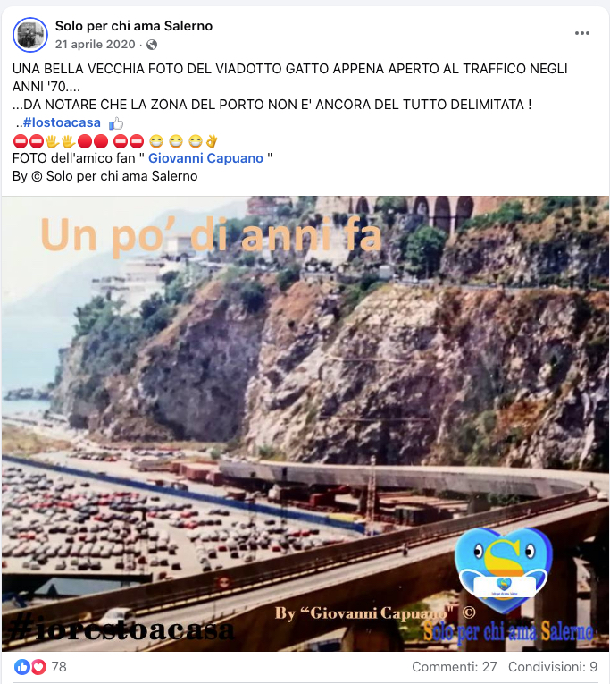 Una vecchia foto del Viadotto Gatto, che mostra il ponte e il panorama circostante, con auto parcheggiate e la costa visibile sullo sfondo.