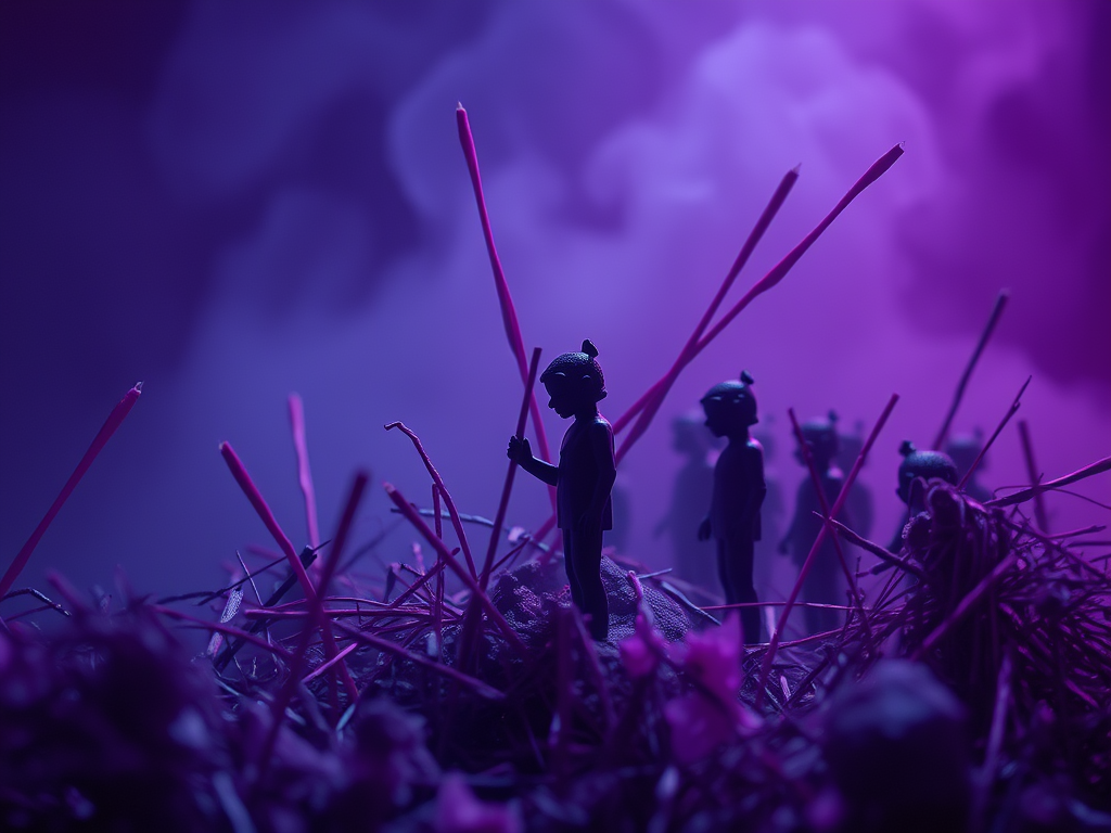 Silhouette di figure in miniatura su un terreno coperto di paglia e bastoncini, illuminate da una luce viola soft.