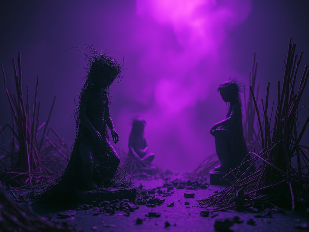 Figures resembling human statues with long hair made of straw, positioned in a dark, foggy environment scattered with debris and straw, illuminated by soft purple light.