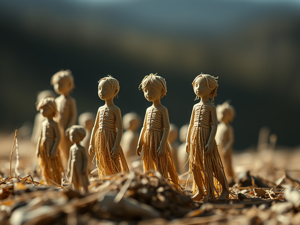 Sculture di paglia rappresentanti figure umane in un paesaggio naturale, con uno sfondo sfocato.