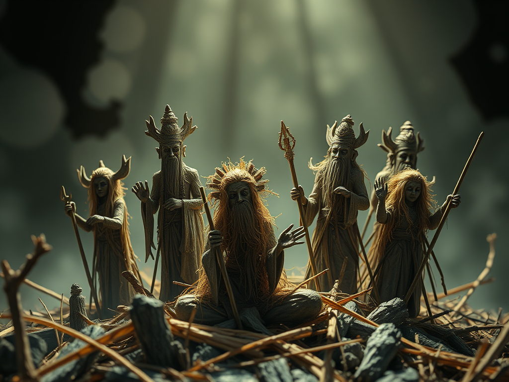 Sculture di figure mitologiche in un ambiente di paglia e legno, illuminate da una luce radente.