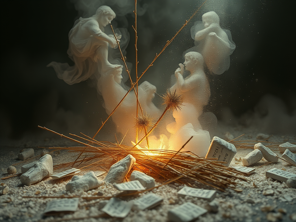 Un falò circondato da statuine di cenere e paglia, con una fitta nuvola di fumo e luci soffuse che creano un'atmosfera misteriosa.