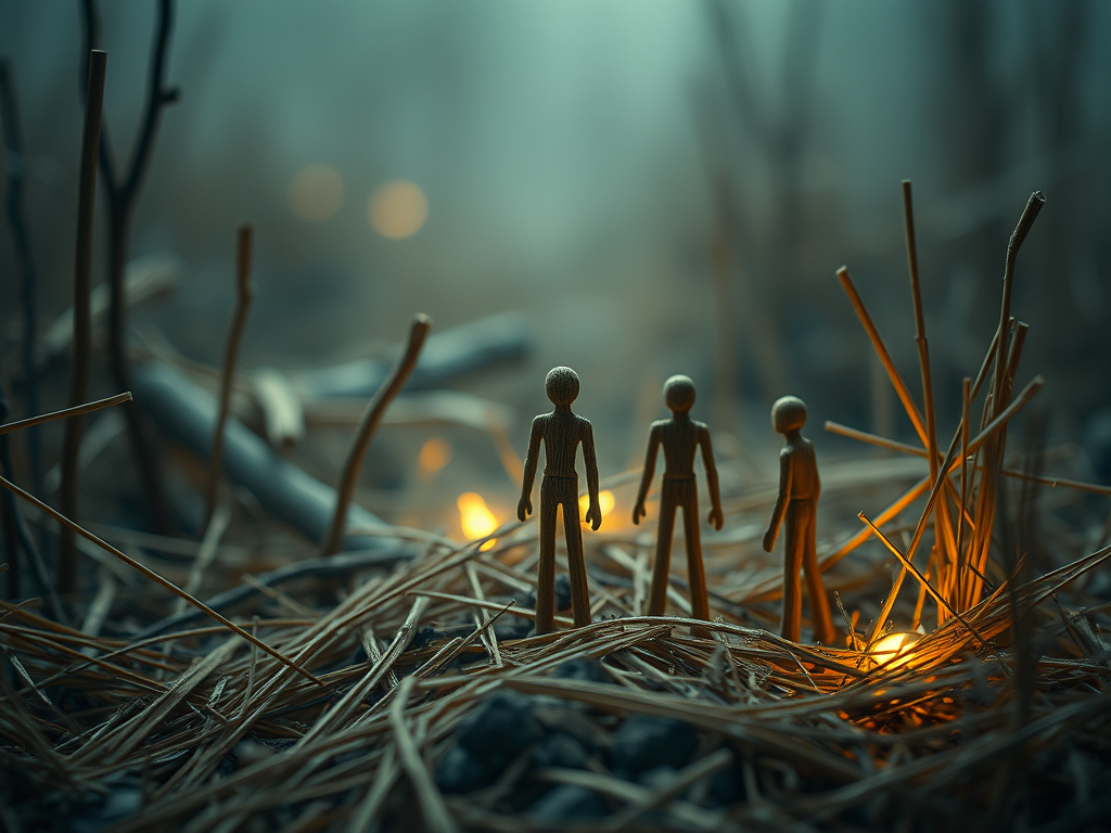 Tre figure di legno in un ambiente di paglia e rami, illuminate da una luce calda in un'atmosfera mistica.