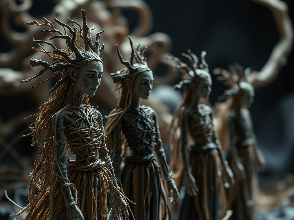 Quattro statuine in piedi, realizzate con materiali che richiamano la paglia e la cenere, in un'atmosfera cupa con dettagli intricati nei capelli e nei vestiti.