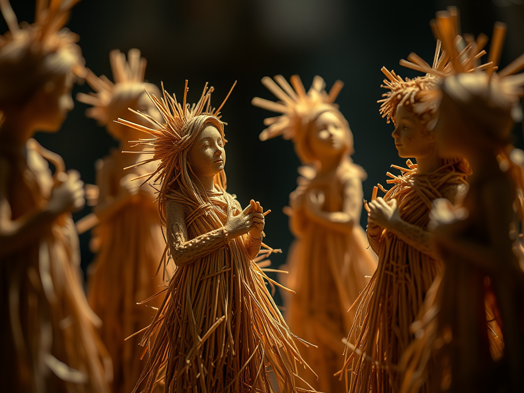 Un gruppo di sculture di paglia che rappresentano figure umane, illuminate dalla luce, con dettagli sottili e aspetti espressivi.
