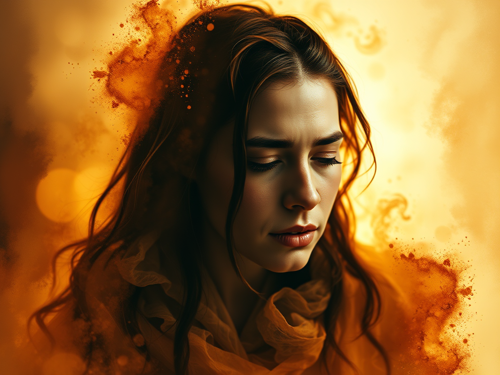 Un primo piano di una giovane donna con i capelli lunghi e mossi, che indossa una sciarpa di colore arancione. Ha un'espressione pensierosa e triste, con uno sfondo di tonalità calde e sfumate che richiamano il sole al tramonto.