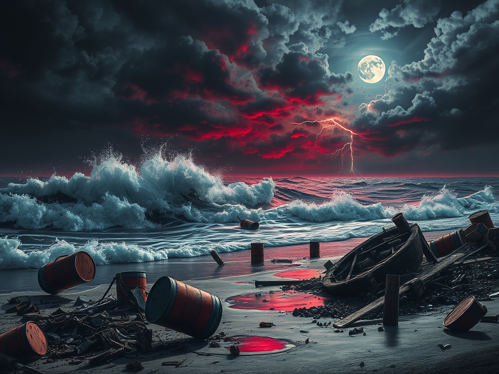 Un paesaggio marino tempestoso con onde alte, botti di legno rovesciati sulla spiaggia e un cielo drammatico illuminato dalla luna e colpito da fulmini.