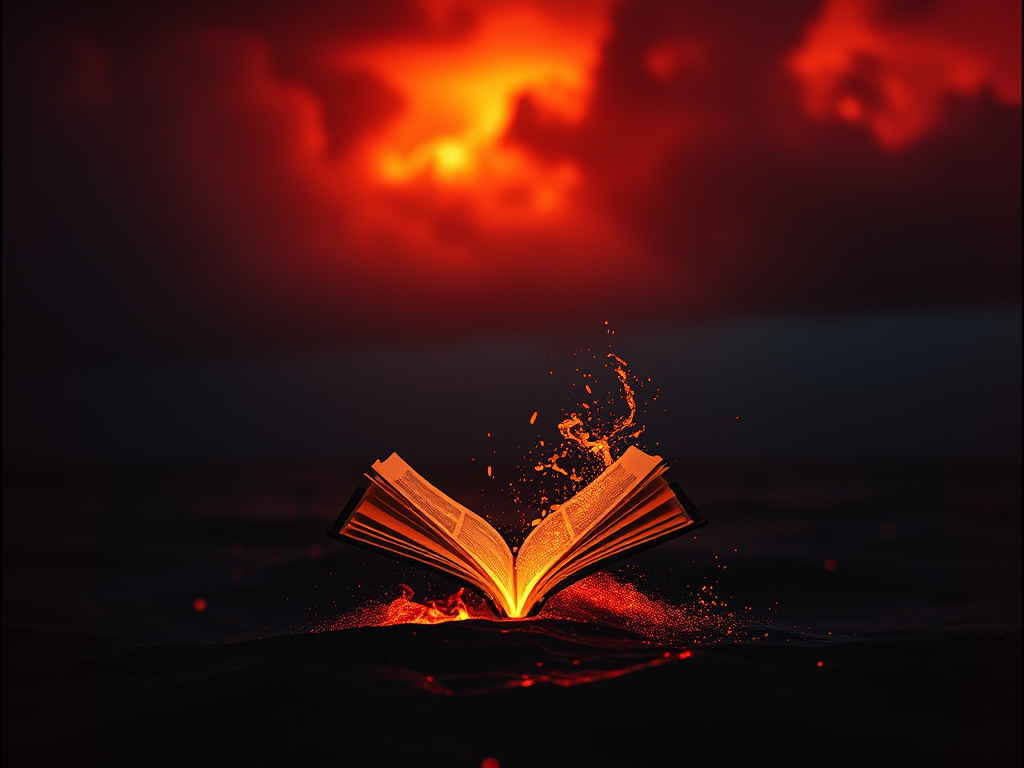 Un libro aperto splende mentre onde d'acqua spray lo circondano, con una sfondo di nuvole rosse e un'atmosfera drammatica.