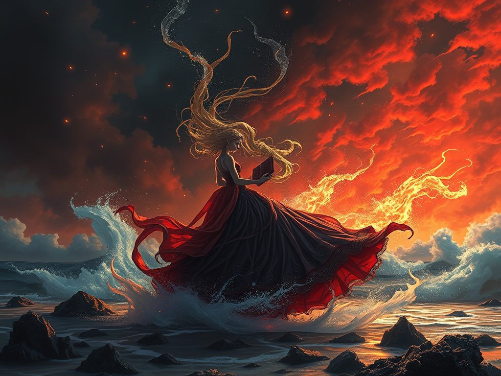 Una donna con capelli lunghi e fluenti indossa un abito rosso, mentre si trova in piedi su un terreno roccioso e bagnato, circondata da onde con l'oceano sullo sfondo. Tene un libro aperto in mano, con un cielo infuocato e nuvole scure che creano un'atmosfera drammatica.