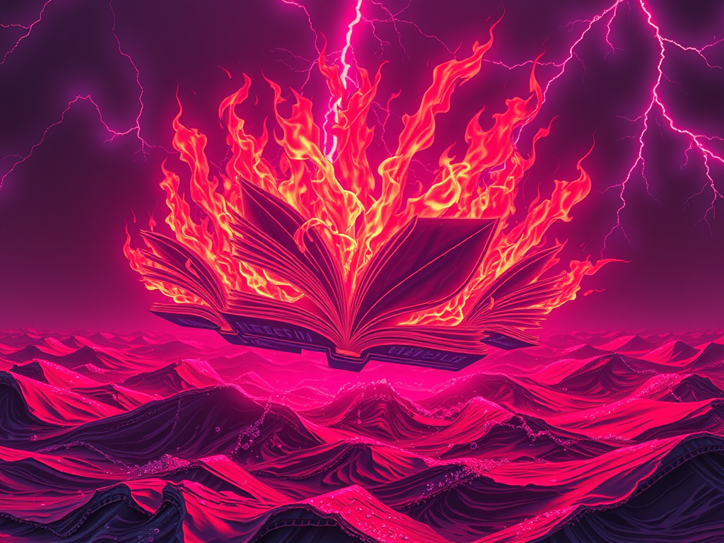 Un libro aperto in fiamme fluttua sopra onde di tessuto rosso, illuminato da fulmini luminosi sullo sfondo scuro.