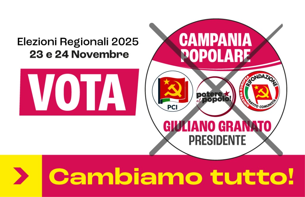 Manifesto elettorale per le elezioni regionali del 2025 in Campania, con enfasi sul voto e un appello al cambiamento, presentando il candidato Giuliano Granato con simboli politici.
