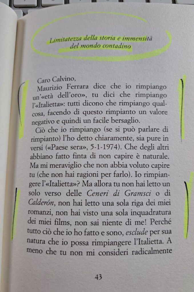 Pagina scritta con testo evidenziato che parla di storia e cultura italiana, in particolare sul concetto di 'Italianità' e il rimpianter la storia.