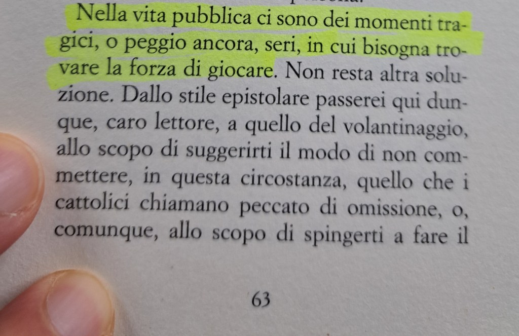 Close-up of a page from a book, with highlighted text discussing public life and the need to find the strength to play.