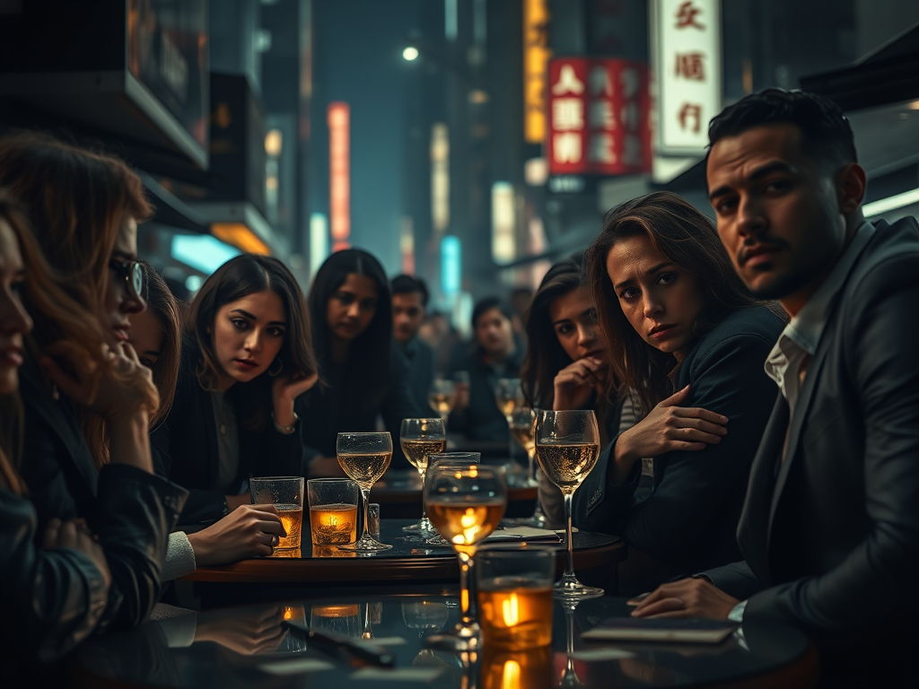 Un gruppo di giovani adulti seduti a un tavolo in un ambiente urbano notturno, con espressioni serie e bevande in vetro sul tavolo.