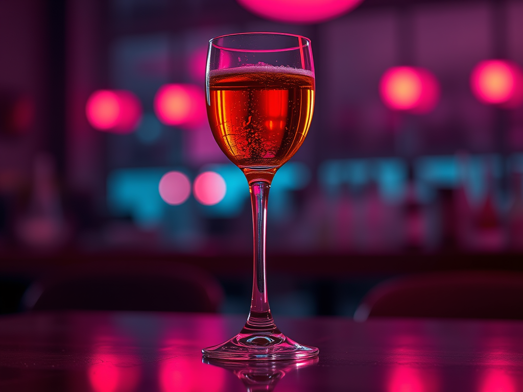 Un bicchiere di vino giallo con bollicine, posizionato su un tavolo in un ambiente con luci colorate sullo sfondo.