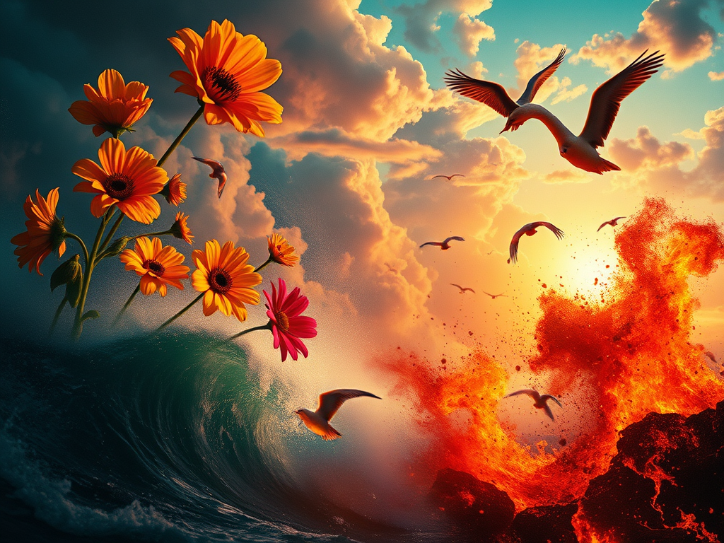 Un paesaggio contrastante che mostra fiori colorati a sinistra, un'onda del mare in movimento e un vulcano in eruzione a destra, con uccelli che volano nel cielo tra nuvole luminose.