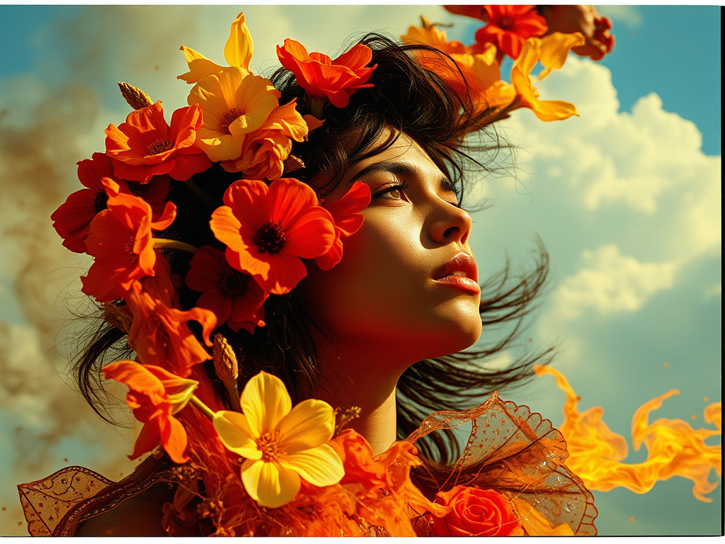 Ritratto di una giovane donna con una corona di fiori arancioni e gialli, che guarda verso l'alto, circondata da nuvole e fiamme.