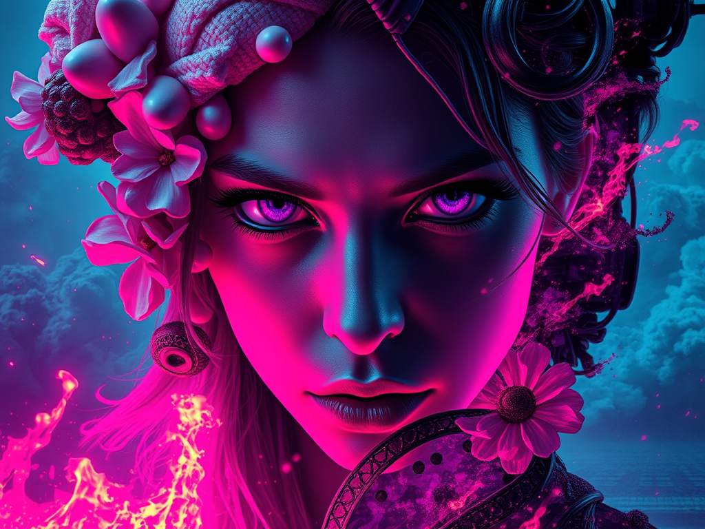 Ritratto di una giovane donna con fiori e elementi decorativi, illuminata in colori vivaci di rosa e blu, esprimendo intensità e mistero.
