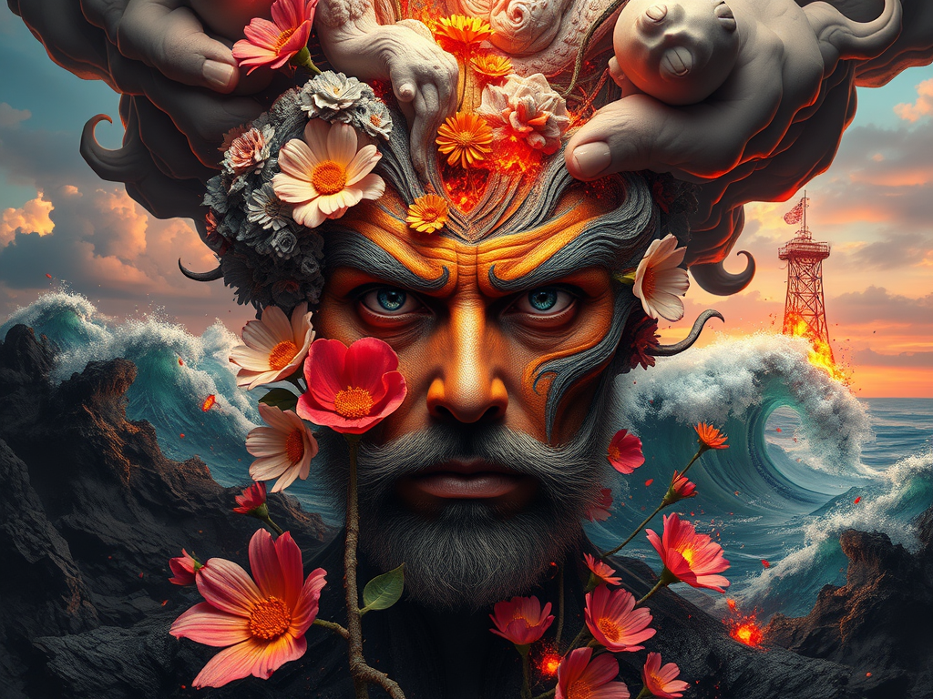 A striking portrait of a man with an intense expression, adorned with vibrant flowers and intricate patterns, set against a dramatic seascape with crashing waves and a distant oil rig under a colorful sky.