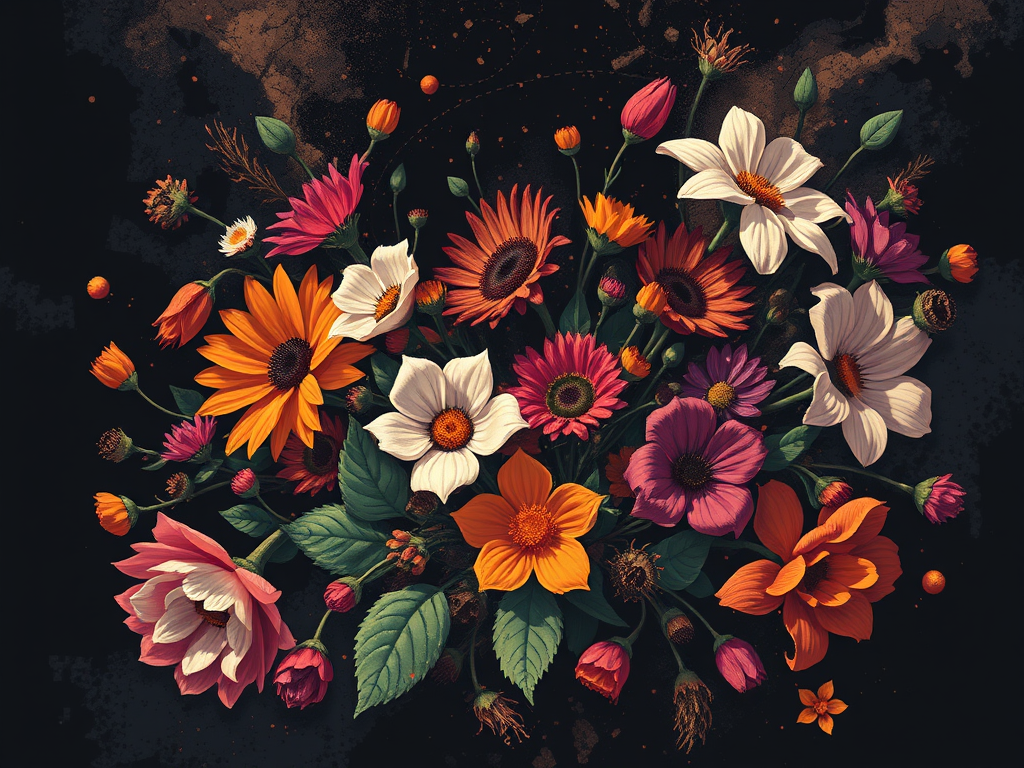 Un bouquet di fiori colorati su uno sfondo scuro, composto da diversi tipi di fiori tra cui girasoli, margherite e altri, rappresentando bellezza e vitalità.