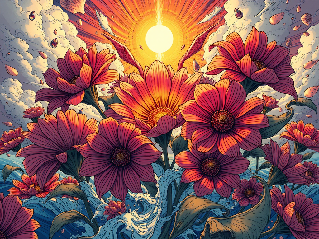 Un bouquet di fiori colorati in primo piano, mentre sullo sfondo splende un sole luminoso che illumina nuvole e una scena marittima.