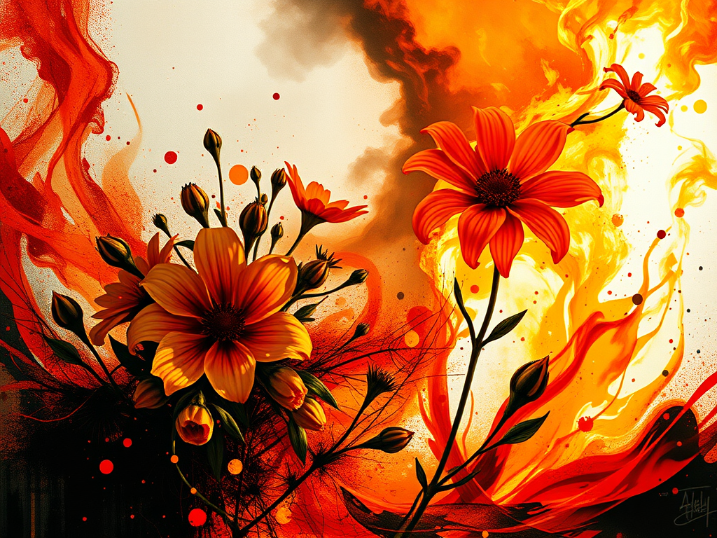 Composizione artistica che rappresenta fiori arancioni e rossi avvolti da fiamme e sfondi infuocati, simboleggiando passione e vita.