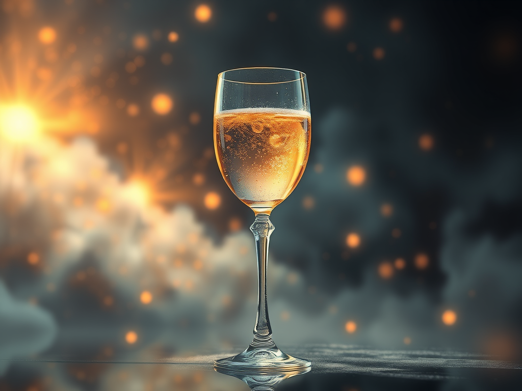 Un bicchiere di vino spumante circondato da un'atmosfera festosa e sfocata, con luci brillanti sullo sfondo.